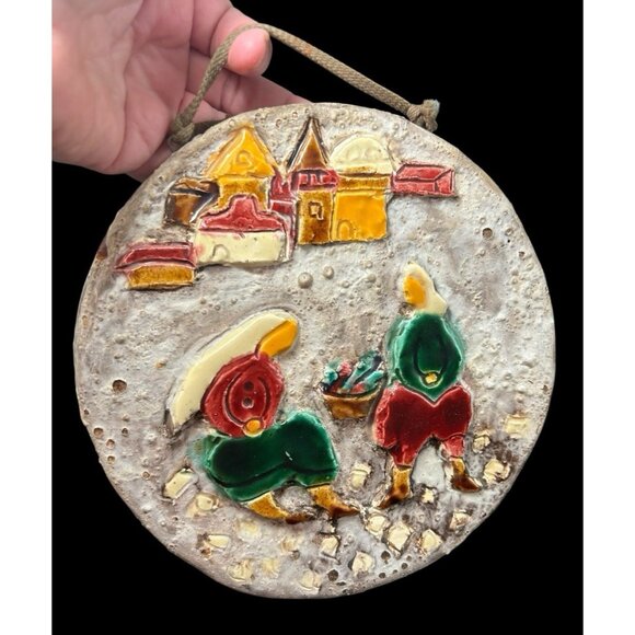 Old City Pottery Studio Glazed 7.75 Round Wall Art Signed Hanger Folk Art Israel - Picture 2 of 10